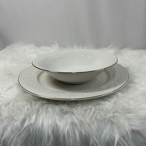 Farberware Calais Dinnerware Set Bowl & Plate White Gold 22K Band‎ Oven Safe